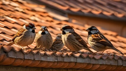 Sparrows resting together on the roof of a residential building, captured in daylight to show wildlife adapting to urban architecture and calm outdoor conditions