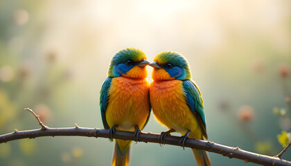 Obraz premium Colorful budgerigar birds resting together on a tree branch in a natural outdoor environment, captured in daylight to show harmony, interaction and vibrant wildlife presence