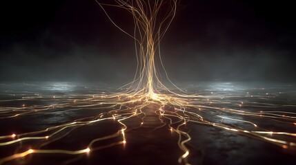 Glowing golden digital roots spreading across the ground in a dark tech background, futuristic abstract technology energy lines for AI and innovation visuals