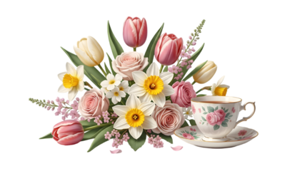 Vibrant spring florals and delicate teacup arrangement