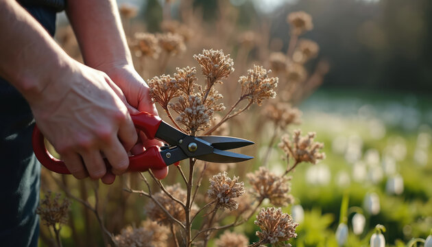 Gardener uses red shears to prune dried hydrangea bush in soft winter light. Person cuts dead flower heads in yard. New growth appears in spring.