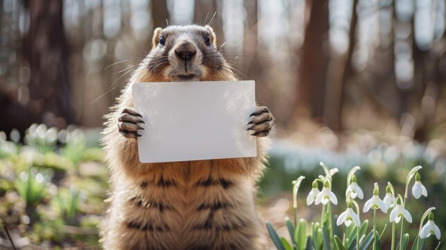 A cute groundhog stands in a spring forest, holding a white card, surrounded by snowdrops. Mock up for text, announcements, and greetings. Groundhog Day