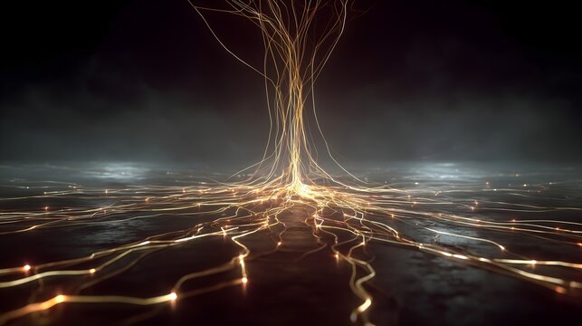 Glowing golden digital roots spreading across the ground in a dark tech background, futuristic abstract technology energy lines for AI and innovation visuals
