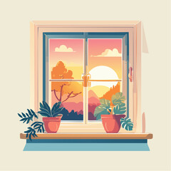 A window view of a sunset landscape with potted plants on the windowsill.