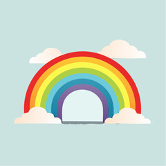 Rainbow with clouds on a blue background illustration.