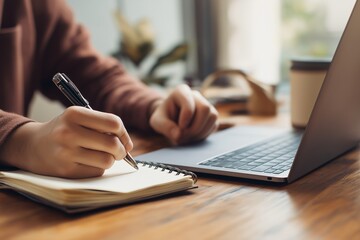 Person writing notes while using a laptop in a cozy indoor space during daytime