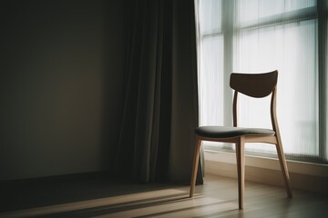 Simple wooden chair near window with light streaming in during daytime in a room