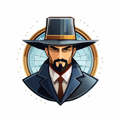 Illustration of a man in a hat and suit, with a globe in the background.