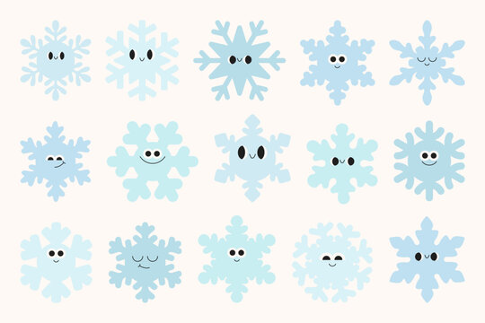 Set of 15 cute cartoon snowflakes with smiling faces in soft pastel blue. Minimal flat winter illustration perfect for children design, holiday decoration, sticker, card, and seasonal graphic use.