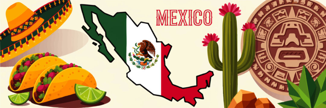 Colorful Mexico travel banner with map, tacos, sombrero, cactus and Aztec calendar illustration for fiesta and tourism design