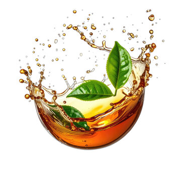 Vibrant splash of amber tea with fresh green leaves against a black background.