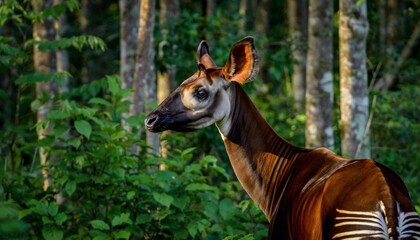 Rare Okapi in Dappled Sunlight in the African Rainforest