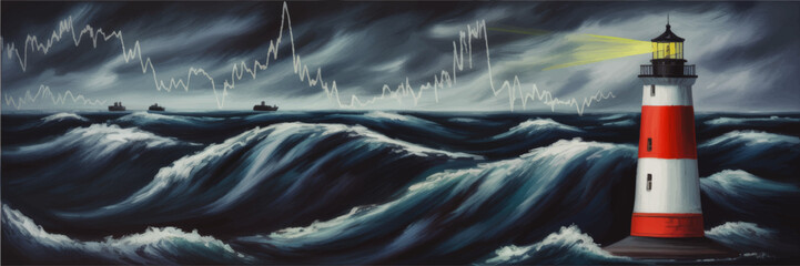 Lighthouse guiding ships through stormy ocean waves with financial stock market graph overlay, resilience and risk management concept illustration