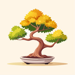 Cartoon bonsai tree with yellow and green leaves in a white pot.