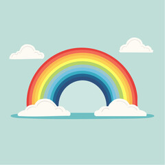 Cartoon rainbow with clouds on a blue background.