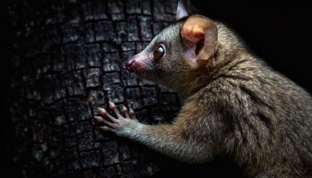 Cute African Bushbaby (Galago) Climbing Tree Trunk at Night