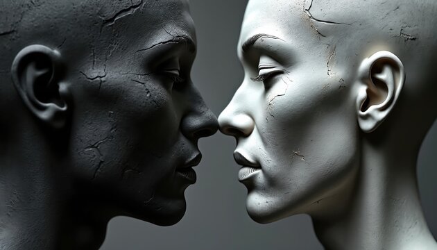 Two cracked mannequin heads face each other in profile, one dark grey, one white. Represents duality, personality, psychological conflict, brokenness, therapy concepts.