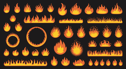 Fire flames set, featuring fiery geometric frames around circle, square, and triangle shapes with burning and flying light effects, isolated on black background for dramatic visual design