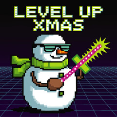 Retro pixel snowman with neon sword and sunglasses, cyberpunk Christmas gamer art with Level Up Xmas text on grid background