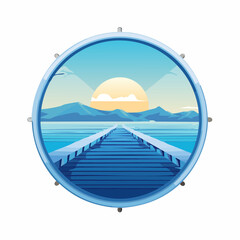 Illustration of a pier leading to a sunset over mountains and water.