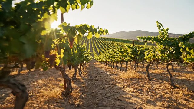 Slow pan along vineyard rows under the summer sun