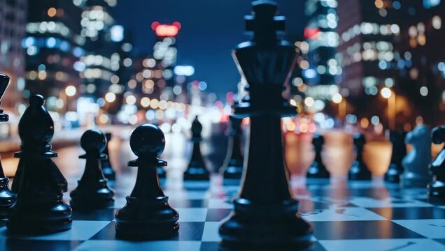Chess Pieces on a Board with City Lights in the Background.