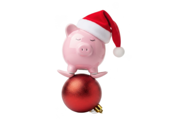 A cute pink pig wearing a santa hat, balancing on a shiny red christmas ornament, isolated on a transparent background