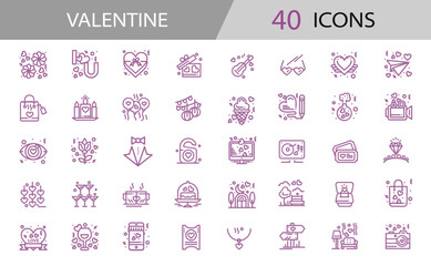Fototapeta premium Valentine Love Icons Set, Romantic Line Style Symbols for Wedding, Gift, Heart, Couple and Celebration Design