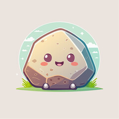 Cute cartoon rock character with big eyes and a happy smile, sitting on grass.