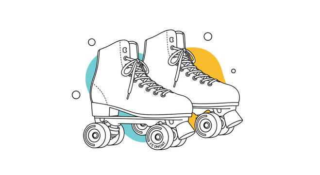 Illustration of classic four-wheel roller skates rendered in black line art with soft blue and yellow abstract shapes in the back.