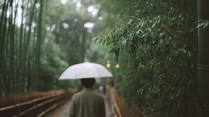 Person walking on a pathway in a bamboo forest. the person is holding a white umbrella above their head and is facing away from the camera.