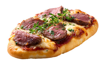 Gourmet steak pizza with fresh herbs