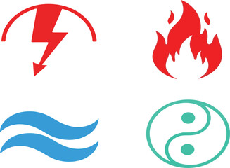 Obraz premium Four colorful symbols representing fire lightning water and wind in a square layout
