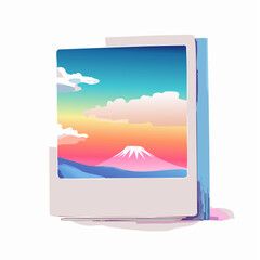 Stylized illustration of Mount Fuji in a polaroid frame with a colorful sky and clouds.