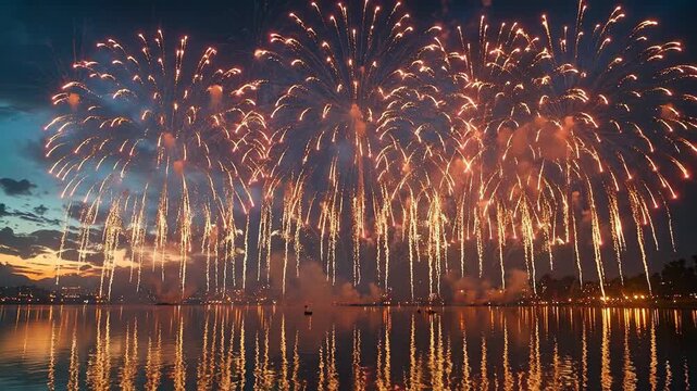 Evening Sky Fireworks Display Over Calm Waters Reflected Light Sparkles with Beautiful Colors