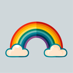 Colorful rainbow with fluffy clouds on a light gray background.