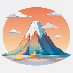 Cartoon illustration of a mountain with snow on top, set against an orange sunset sky with clouds.