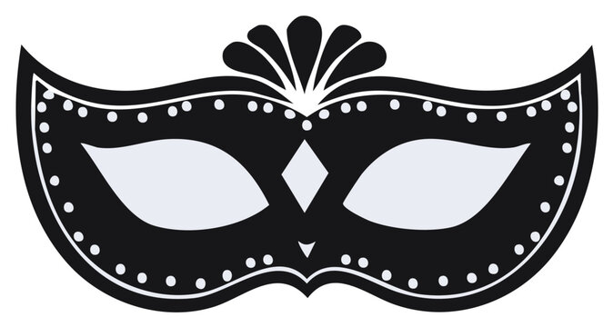 Elegant black masquerade mask with decorative dots, symmetrical design, and feathered top isolated, enhancing mystery and theatrical flair on white backdrop