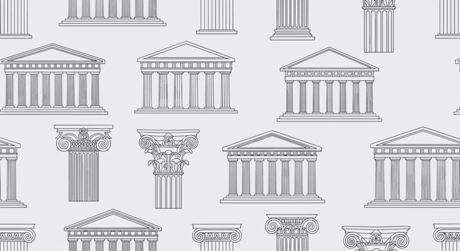 Elegant seamless pattern featuring sketches of ancient greek temples and doric columns representing classical architecture.