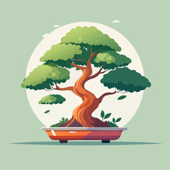 Stylized bonsai tree with green leaves in a red pot against a white circle.
