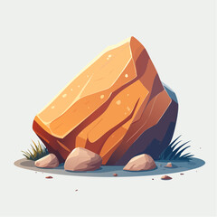 Illustration of a large orange rock with smaller rocks and grass around it.