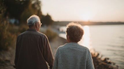 Elderly couple walking along a path by the water at sunset. the couple is facing away from the camera, with the man on the left and the woman on the right.