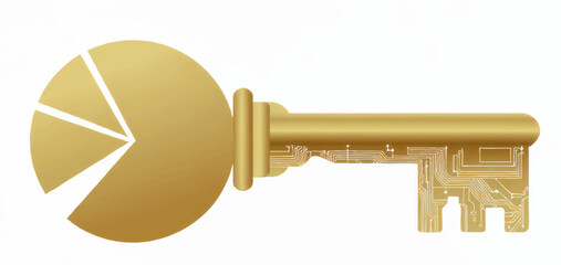 Golden key with pie chart head and circuit board pattern symbolizing data security, financial analytics and digital access on transparent