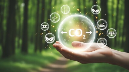 Hand holding a glowing orb with environmental icons in a lush forest setting