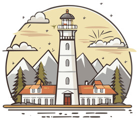 Scenic cartoon illustration of a lighthouse tower against a mountain backdrop with pine trees and clouds