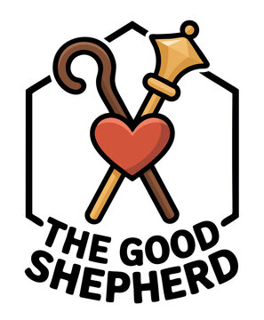The Good Shepherd logo with heart, shepherd staff and king scepter, modern Christian church emblem, pastoral ministry icon design