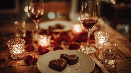 Romantic dinner setting with candles, chocolates, rose petals, and wine glasses for two. AI-generated image Valentine's Day