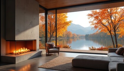 Modern home interior with fireplace features large window overlooking lake surrounded by vibrant autumn trees. Cozy armchair and sofa provide comfortable seating. Natural light illuminates room.