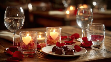 Romantic dinner setting with candles, chocolates, rose petals, and wine glasses for two. AI-generated image Valentine's Day