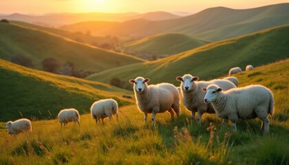 Fototapeta premium Fluffy sheep graze on a green hillside during a golden sunset. Gentle hills create a serene background for the peaceful farm animals enjoying the warm evening light.